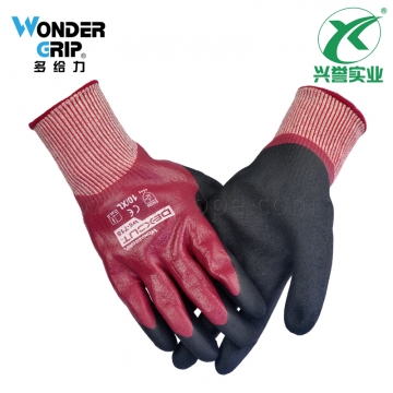 多给力 WG-718 防油5级防切割手套 丁腈双浸 酒红色